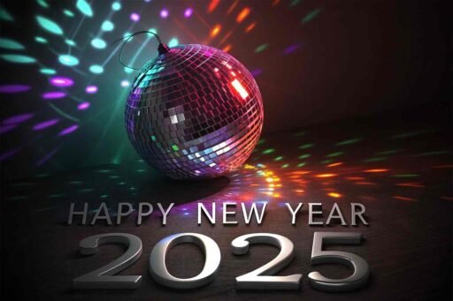 A "happy new year 2025 pic" featuring a sparkling disco ball and bold celebratory text.