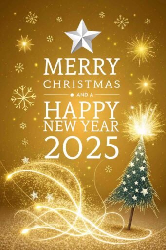 A dazzling "merry christmas and happy new year 2025 image" with golden sparkles and glowing text.