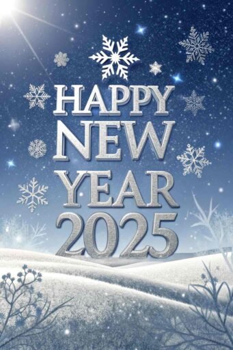 Picture of happy new year 2025 with a silver-blue elegant style and bold text.