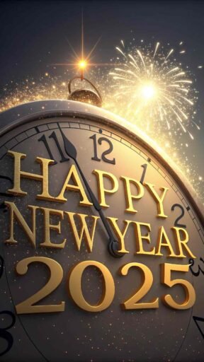 A "happy new year 2025 pic" featuring a striking clock and bold golden text.