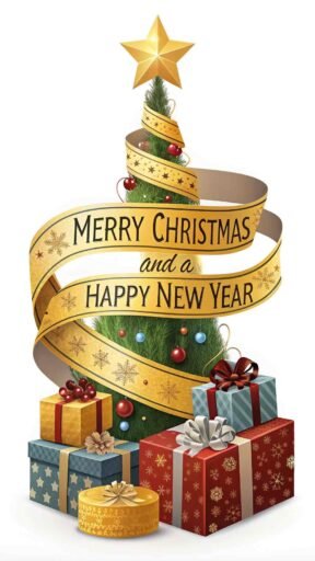 An elegant pic of merry christmas and a happy new year with bold text on a golden ribbon surrounding festive gifts.