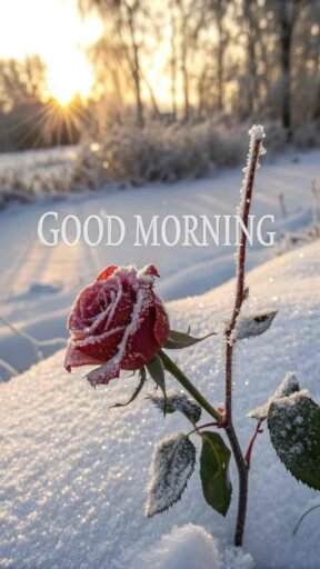 A stunning good morning winter image featuring a frosty red rose.