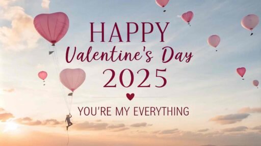 Celebrate love with flying heart balloons and elegant calligraphy for the most heartfelt "happy valentine's day 2025 images."