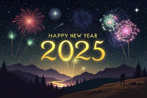 A starry firework-themed happy new year 2025 free image with glowing, festive text.