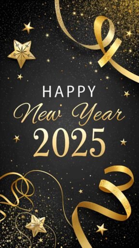 Picture of happy new year 2025 with elegant black and gold styling and bold, luxurious text.