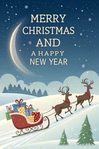 A picture of merry christmas and happy new year featuring a sleigh ride. The words "Merry Christmas and A Happy New Year" are written in big, clear letters.