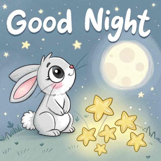 A good night cute image of a rabbit sharing a dreamy moment under the calming night sky.