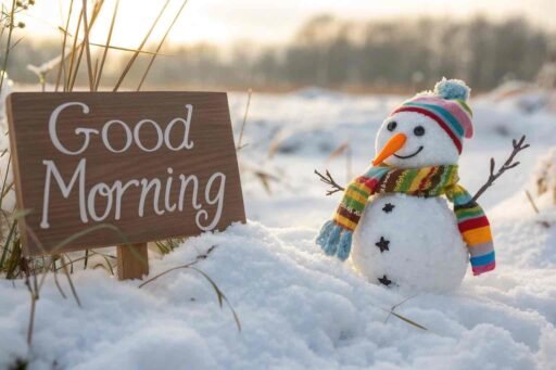 A delightful good morning winter image featuring a cute snowman in a snowy meadow.