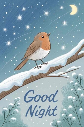 A good night cute image of a peaceful bird enjoying the quiet of a starry night.