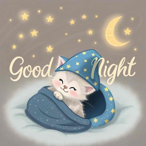 A good night cute image of a sweet kitten wrapped in warmth with dreams of stars.