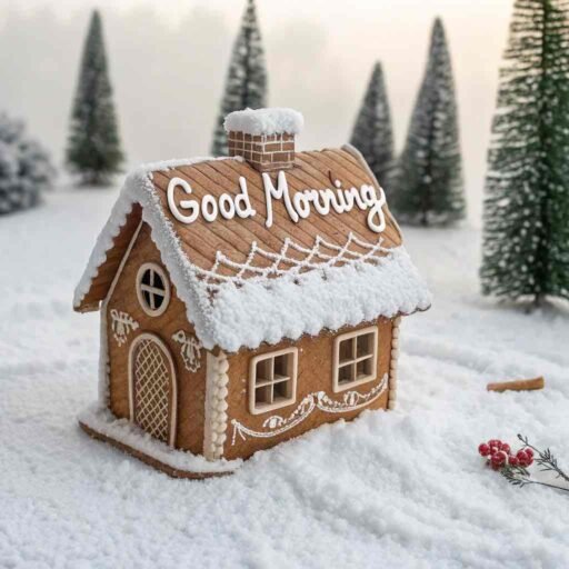 A whimsical good morning winter image featuring a frosty gingerbread house.