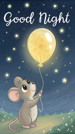 A good night cute image with a mouse on a magical balloon ride, evoking joy and peace.
