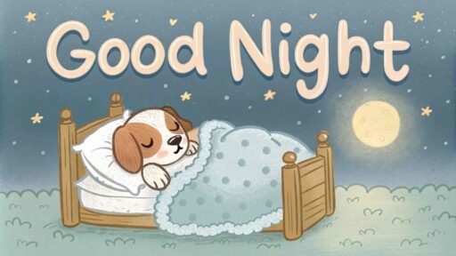 A good night cute image of a puppy snuggling in bed, perfect for spreading warmth.