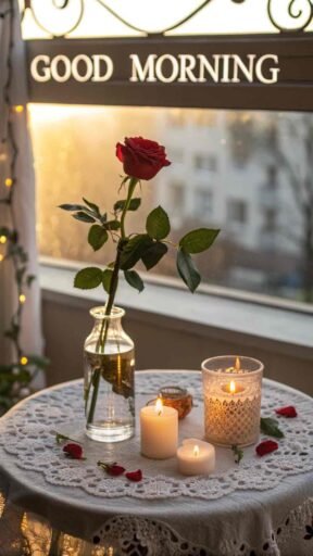 A cozy good morning image for love, with a small table set with candles, a red rose in a vase, and soft morning light.