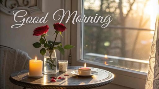 A cozy good morning image for love, with a small table set with candles, a red rose in a vase, and soft morning light.