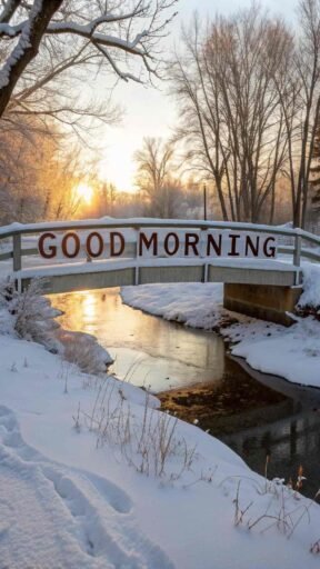 A picturesque good morning winter image showcasing a serene snowy bridge.