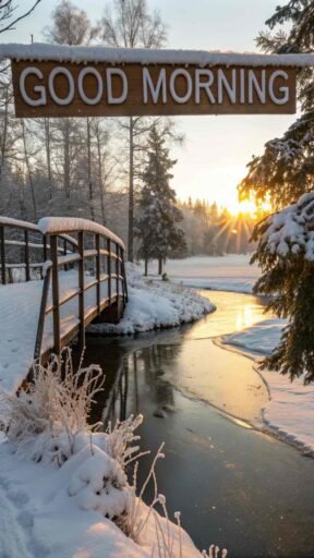 A picturesque good morning winter image showcasing a serene snowy bridge.