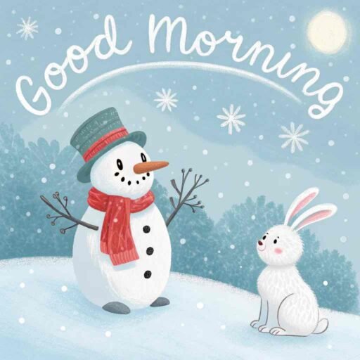 A heartwarming good morning winter image of a snowman and a bunny enjoying winter.