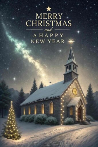 A peaceful image of Merry Christmas and a Happy New Year showing a snow-covered church glowing with holiday lights.