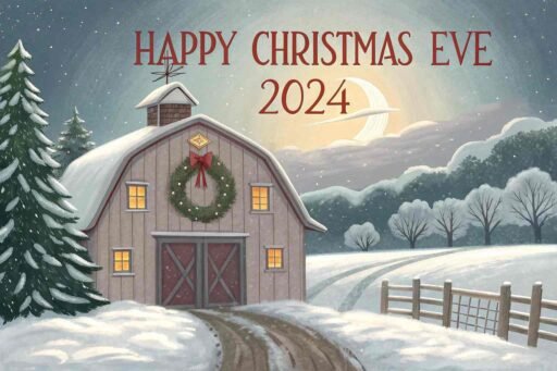 A festive farmhouse with glowing red "Happy Christmas Eve 2024" text above.