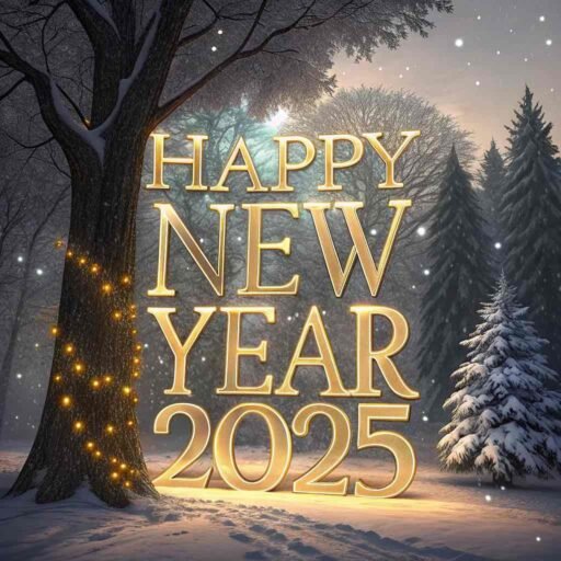 Picture of happy new year 2025 with an ethereal winter forest and glowing bold text.