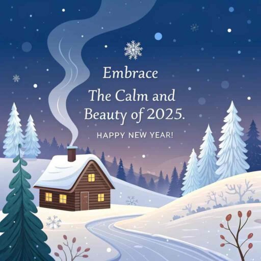 A happy new year 2025 wish image with quote highlighting a winter wonderland and a serene greeting.
