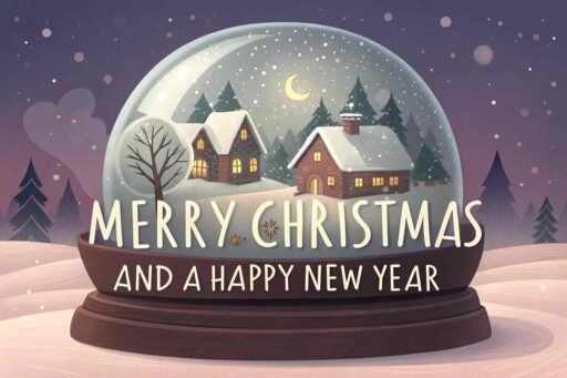 A magical "merry christmas and a happy new year pic" with glowing white text on a snowy snow globe scene.