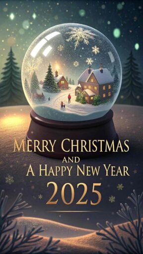 A magical "merry christmas and happy new year 2025 image" with a glowing snow globe and bold golden text.