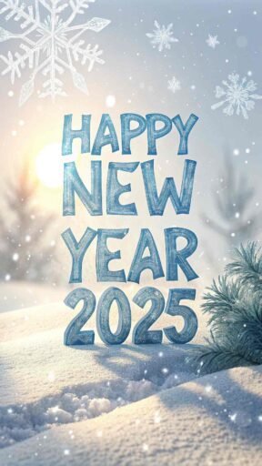 A snowy winter-themed happy new year 2025 free image with frosty, bold text.