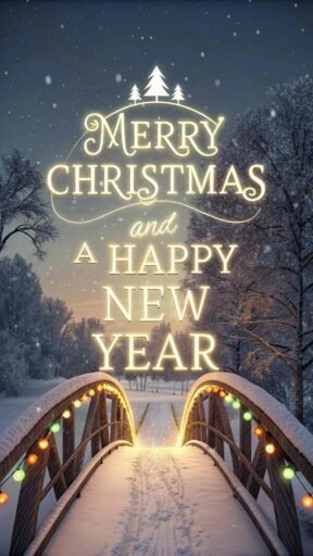 A picturesque pic of merry christmas and a happy new year with bold text illuminating a snowy, festive bridge.