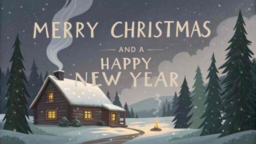 A serene pic of merry christmas and a happy new year featuring bold text on a cozy cabin under a snowy winter sky.