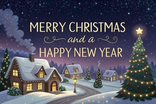 A cozy "merry christmas and a happy new year pic" with glowing golden text over a Christmas village.