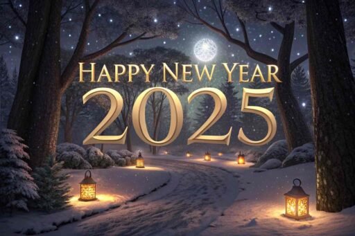 Picture of happy new year 2025 with a snowy magical night and glowing bold text.