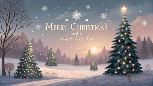 A picture of merry christmas and happy new year showing a winter wonderland. The words "Merry Christmas and A Happy New Year" are displayed boldly.