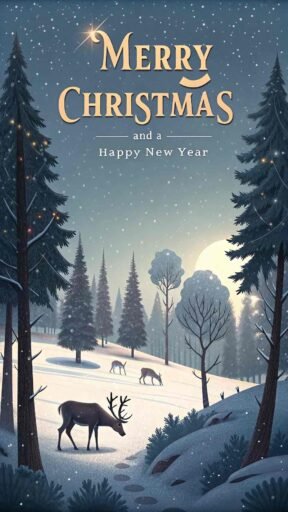 A peaceful pic of merry christmas and a happy new year with bold text in a serene snowy forest.