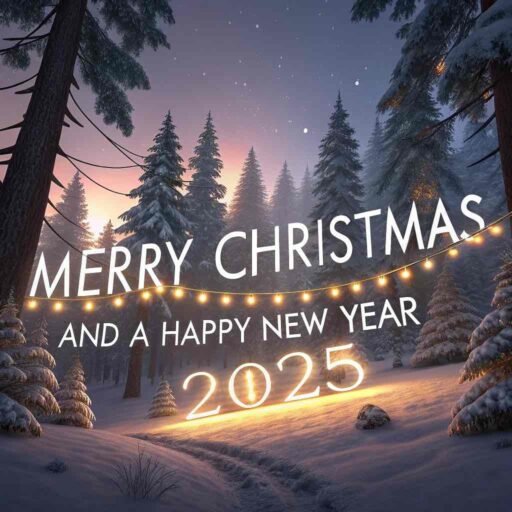 A magical "merry christmas and happy new year 2025 image" with a snowy forest and glowing text.