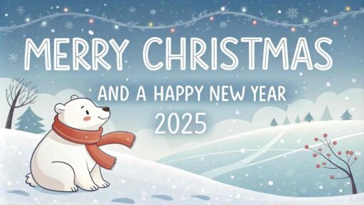 A cute "merry christmas and happy new year 2025 image" with a polar bear and snowy charm.