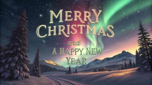A stunning image of Merry Christmas and a Happy New Year with northern lights glowing in the winter sky.