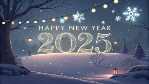 Picture of happy new year 2025 with a snowy wonderland and glowing text.