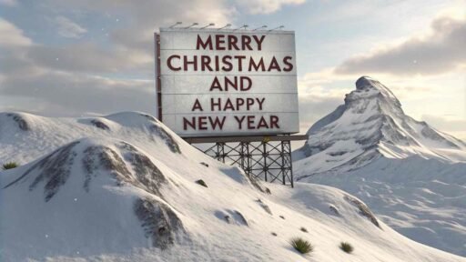 A breathtaking pic of merry christmas and a happy new year with bold text displayed on a snowy mountain billboard.