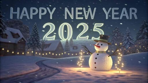 A magical "happy new years eve 2025 image" in a snowy wonderland with bold "HAPPY NEW YEAR 2025" text shimmering brightly.