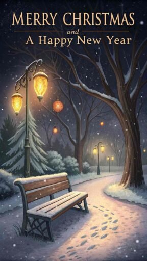 A peaceful pic of merry christmas and a happy new year showing bold text in a serene, snowy park setting.