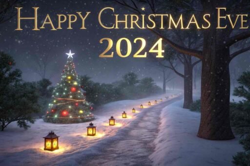 A snowy path with glowing golden "Happy Christmas Eve 2024" text above.