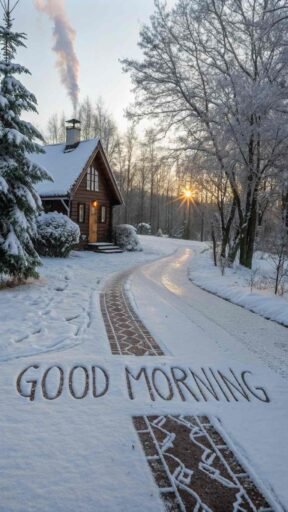 A serene good morning winter image of a cottage surrounded by snow.