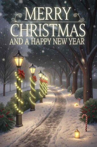 A serene image of Merry Christmas and a Happy New Year with a frosty pathway lined with glowing holiday lights.