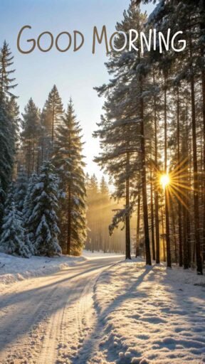 A captivating good morning winter image showing golden light in a snowy forest.