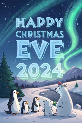 A polar wonderland with glowing icy blue "Happy Christmas Eve 2024" text above.