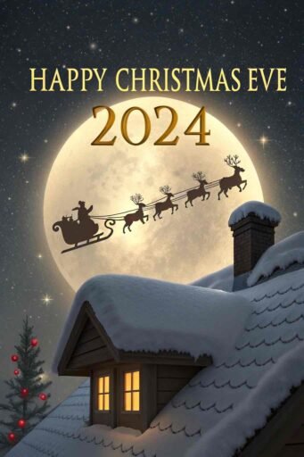 A glowing golden "Happy Christmas Eve 2024" text above Santa's sleigh shadow.