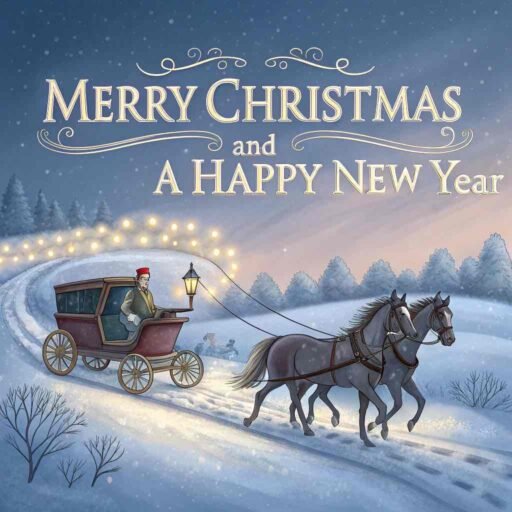 A magical pic of merry christmas and a happy new year with bold text glowing above a snowy sleigh ride.