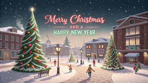 A joyful image of Merry Christmas and a Happy New Year with a snowy town square, decorated trees, and people enjoying holiday festivities.